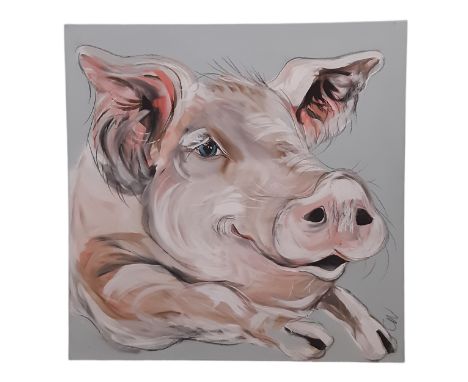 Caroline Walker (Contemporary, b.1982) - Portrait of a pig, acrylic and charcoal on canvas, signed lower right, 90 x 90 cm, u