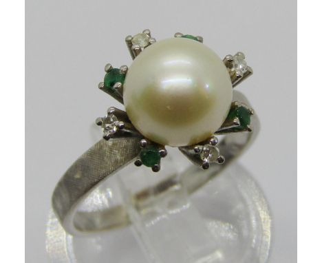 Vintage white metal pearl, emerald and diamond cluster ring, the outer shank with textured finish, size K, 4g