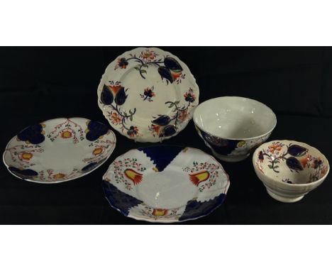 A collection of 19th century Gaudy Welsh tea wares including tulip and other patterns comprising teacups, saucers, jugs and t