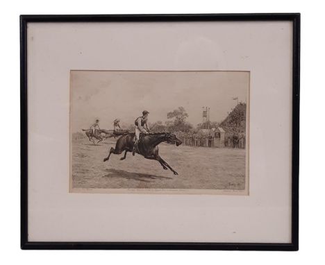 Frank Paton after Thomas Blinks - drypoint etching of a horse race, published 1890, 17 x 24 cm, framed