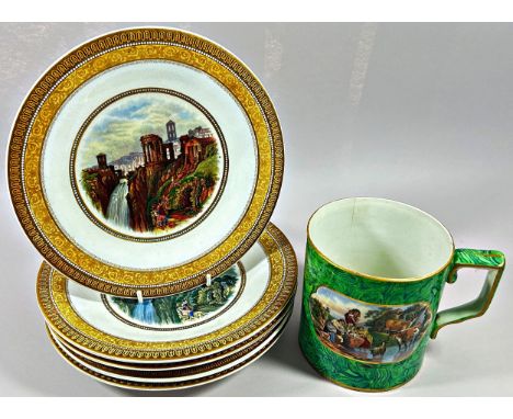 A Prattware mug, pastoral and harbour scenes on a green ground together with five plates with a collection of Prattware plate