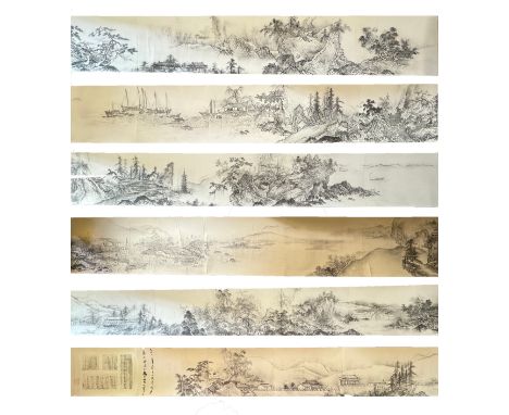 After Sesshū Tōyō (1420-1506) - 'Long Scroll/Landscape of Four Seasons' , black and white print c.1900, bearing three-charact