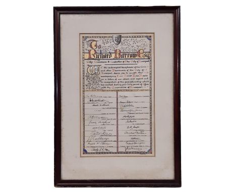 An illuminated manuscript addressed 'To Richard Barrow Esq. City Treasurer &amp; Controller of The City of Liverpool' signed 