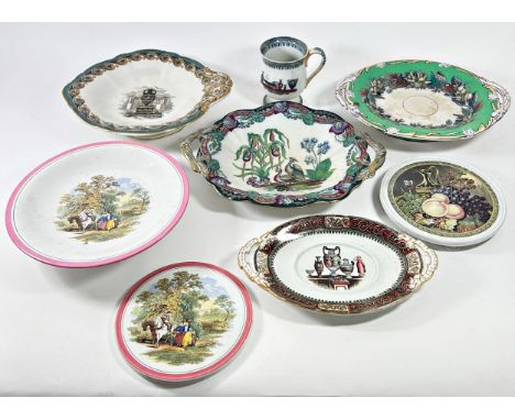 A collection of 19th century Prattware generally shaped pieces including high and low comports, tureen stands, open dishes et