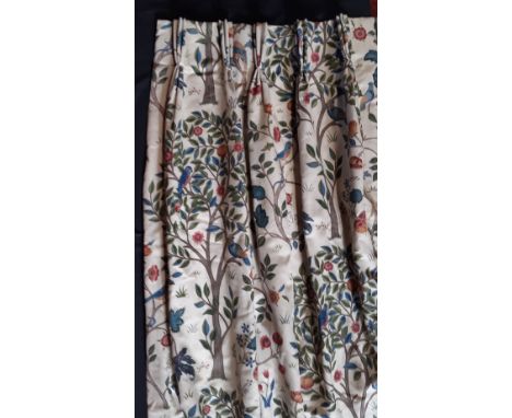 A collection of furnishings in William Morris Kelmscott Tree fabric including 3 pairs of curtains, a roman blind, 4 cushions 