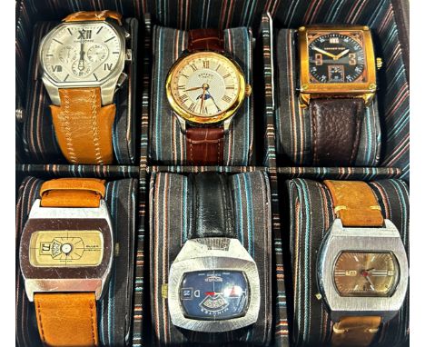 Six gentleman’s wristwatches, various vintage and later to include a 1970’s USSR Poljot ‘TV’ example, Buler ‘Super Nova’ and 