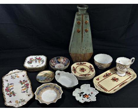 Mixed Crown Staffordshire, Colclough and other tea wares, a large studio vase in the style of Troika, etc.