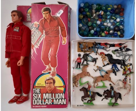 Mixed toy lot including a boxed Six Million Dollar Man in original clothes (AF), Britains Deetail 'Mortar' figures plus wild 