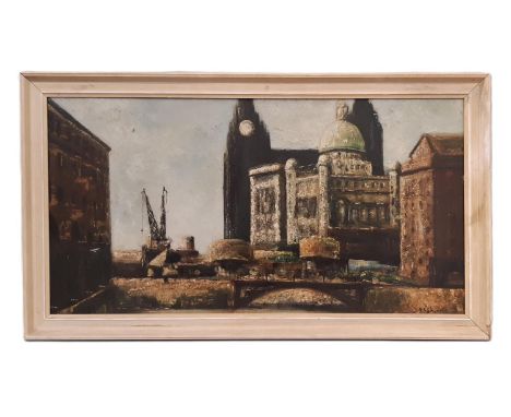 R. A. Edwards - Liverpool docks (1971), oil on board, signed and dated lower right, 86 x 45 cm, framed