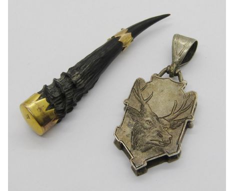 Victorian 9ct mounted dik-dik antelope horn brooch, together with a Victorian white metal locket with engraved portrait of a 