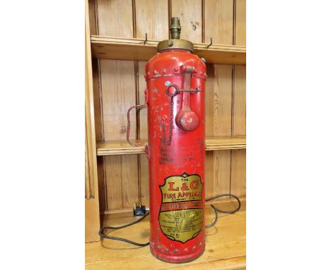 A vintage L &amp; G Fire Appliance Co Ltd fire extinguisher, later converted to a lamp, 65cm high