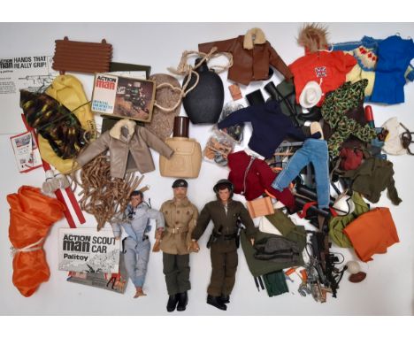 A large collection of unsorted Action Man dolls, clothing, weapons, outdoor equipment etc including 2 figures by Palitoy/ Has