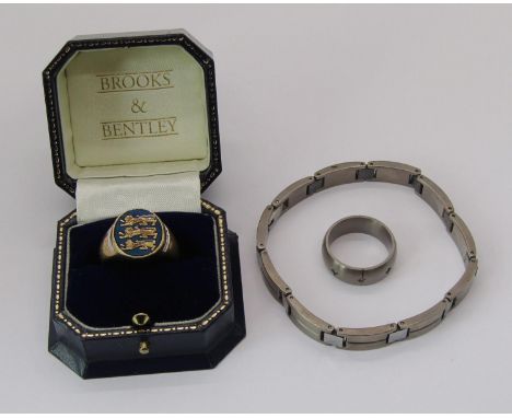 Silver gilt Three Lions ring with blue enamel ground and diamond set shoulders, size S, in Brooks &amp; Bentley box, together