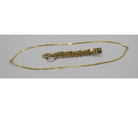 Italian 14k herringbone chain necklace, 2.9g and a 9ct gate link bracelet, 4.2g (one link af) (2)