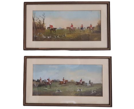 Two 19th century naive hunting themed oil paintings, both indistinctly signed 'M.H. Richard'?, and dated 1898, 18 x 37 cm, fr