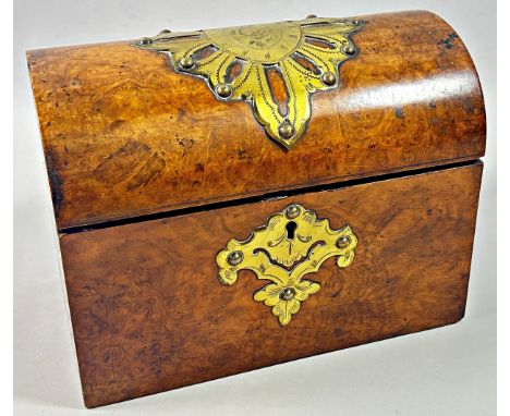 A Victorian burr walnut domed tea caddy with brass escutcheon, 21cm wide.