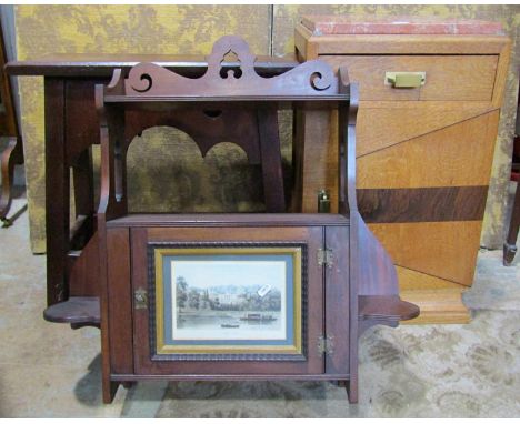 An art deco oak bedside cabinet with marble top and inlaid detail, 68cm high x 40cm x 38cm , together with an oak wall shelf 