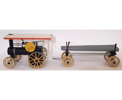 Steam Tractor and Trailer Set by Mamod in black and yellow livery, no box, burner, scuttle or steering rod.