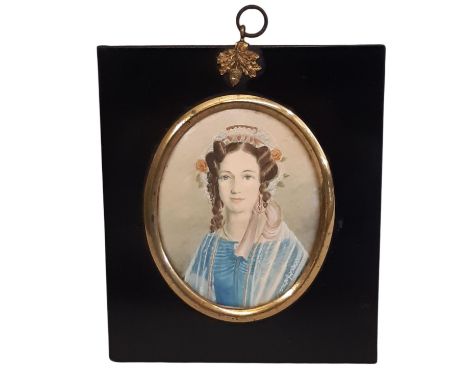 English School, 19th Century - miniature portrait of a lady wearing a bonnet, quarter-length, watercolour on card, unsigned, 