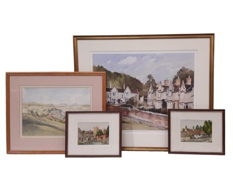 Local Interest - Four framed works depicting Wotton-under-Edge: Rhona Cowell - 'View of Wotton from Hack Hill', watercolour a