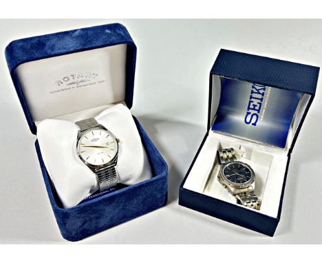 Two gentleman’s wristwatches: A Rotary ‘Ultra Slim’ example and another Seiko example (2). 