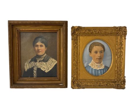 Two 19th century portraits, both quarter-length and depicting women in costumes of the period: One oil on canvas, unsigned, 2