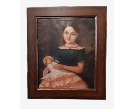 American School (Folk Art, 19th Century) - Portrait of a young girl holding a doll, half-length, unsigned, oil on canvas, 51 