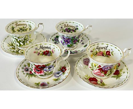 Royal Albert Flowers of the Month series tea cups and saucers, full twelve months plus additional October