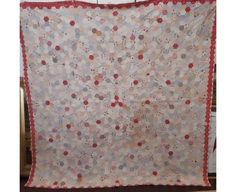 Vintage hand stitched patchwork quilt of printed cotton hexagons lined with plain cotton 234 x 234 cm (AF) 