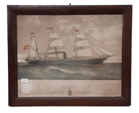 A hand-tinted lithograph of the Saxonia, published by W. Seitz of Hamburg, 1866, 29 x 37 cm, framed with inscription attached