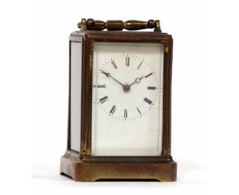 Late 19th century French lacquered brass carriage timepiece with cylinder platform escapement to a Roman enamel dial with out