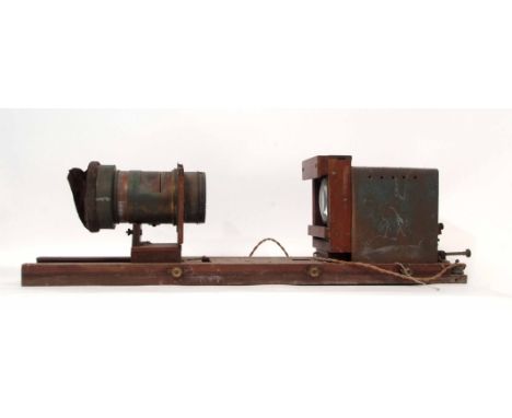 Late 19th/early 20th century mahogany cased electric Magic Lantern slide projector, the rectangular slide with fixed electric