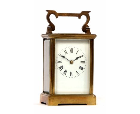 Early 20th century French lacquered brass carriage timepiece with cylinder platform escapement to a Roman enamel dial with bl