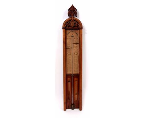 Late 19th century walnut cased "Admiral Fitzroy's Barometer" of carved and shaped pediment to a signed and paper label with c