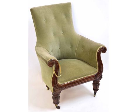 Late Regency period library chair, upholstered in grey-green button back, swept arms and fluted baluster front supports  