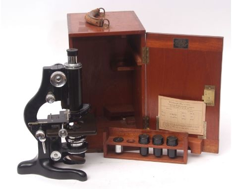 Mid-20th century mahogany cased monocular microscope, W Watson &amp; Sons Ltd - London, 73708, "Service", the Y shaped foot t