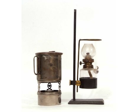 Mixed Lot: late 19th/early 20th century steel and brass adjustable spirit lamp together with a further campaign type travel m