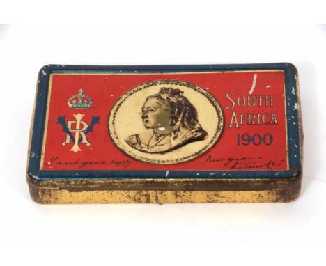 Boer War period Victorian New Year tin, South Africa 1900, decorated with an embossed portrait of Victoria and containing ori