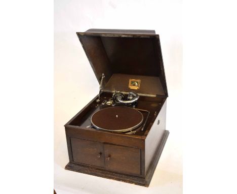 Oak cased HMV Model 103 wind-up record player with hinged and cushion moulded cover and chrome finished mechanism with hinged