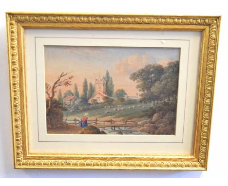 19th century English School, watercolour, Mother and child on a stick bridge with church beyond, 14 x 19cms  