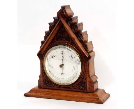 Late 19th century oak cased combination barometer/thermometer, A Everington - Nottingham, the Gothic Revival type case with c