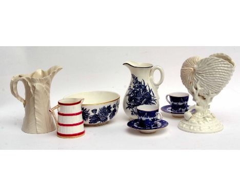 Group of Royal Worcester jugs and a bowl, together with two willow pattern coffee cups with saucers, (9)  