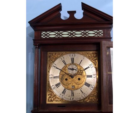 Mid-19th century mahogany cased 8-day longcase clock, Houghton - Chorley, the hood with overhanging cornice surmounted by a b