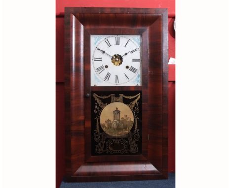 Late 19th century American walnut cased 30-hour wall clock, Jerome &amp; Co, the cushion moulded rectangular wall mounting ca