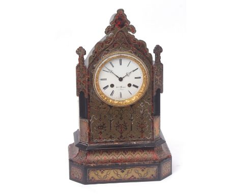 Late 19th century French boule and ebonised mantel clock, Hry Marc et Paris, the architectural case with shaped pediment and 