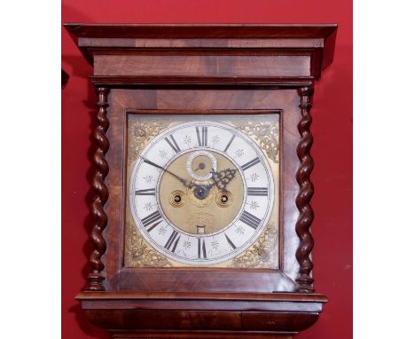 Late 18th century walnut cased 8-day longcase clock, Wm Nicholls - Oundle, the case with overhanging cornice and plain frieze