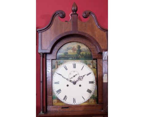 Mid-19th century oak and mahogany cross-banded 8-day longcase clock, unsigned, the hood with swan neck pediment and central f