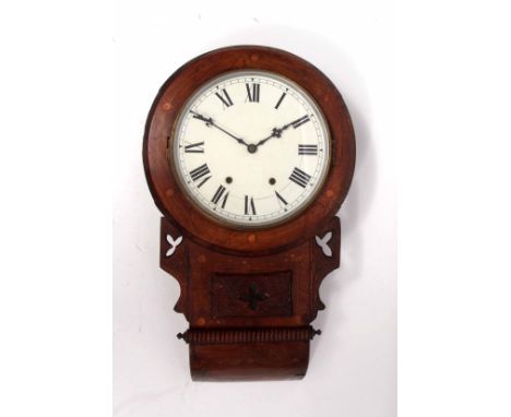 Late 19th century walnut and inlaid drop dial wall clock, the bevelled surround over carved and pierced ears with glazed and 