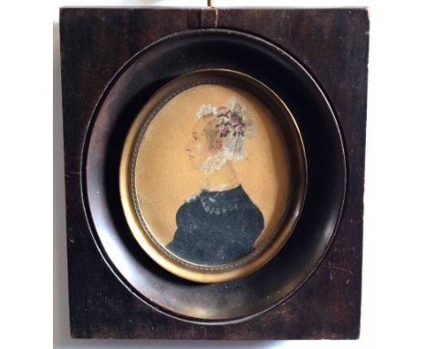19th century portrait miniature, half-length portrait of a lady wearing white bonnet, 9 x 8cms  