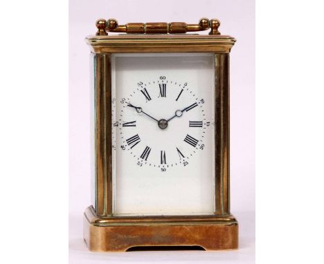 Late 19th century French lacquered brass carriage clock, the silvered lever platform escapement with strike on a coiled gong 